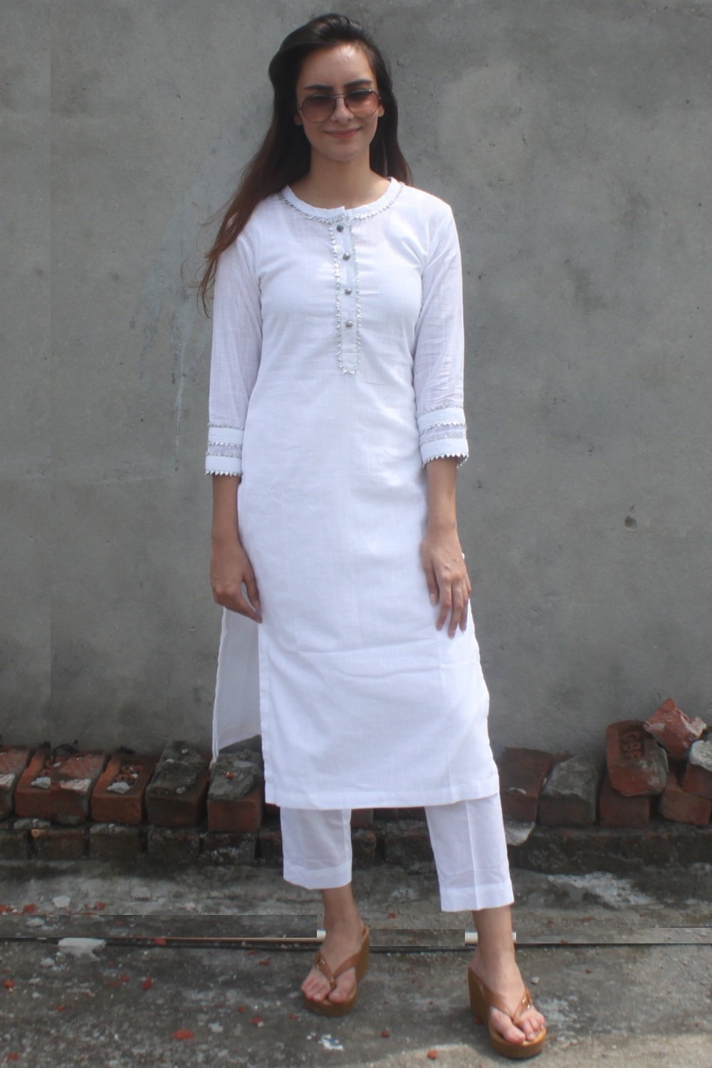 Suyash Women Full Sleeve Calf Length, V Neck, Rayon Embroidery with Lace on  Kurti with White Pant Ethnic Set (Sky Blue)